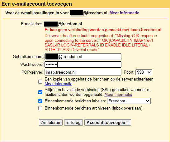 zwanger Bad Stevig GMAIL kan geen verbinding maken imap.freedom.nl server - E-MAIL - Freedom  Community