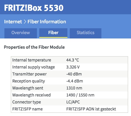 Fiber Information - Fiber: Transmitter power -40 dBm, Reception quality -4.4 dBm, Wavelingth sent 1310 nm, Wavelength received 1490/1550 nm, Connector type LC/APC, Fritz!SFP name = Fritz!SFP AON ist gesteckt